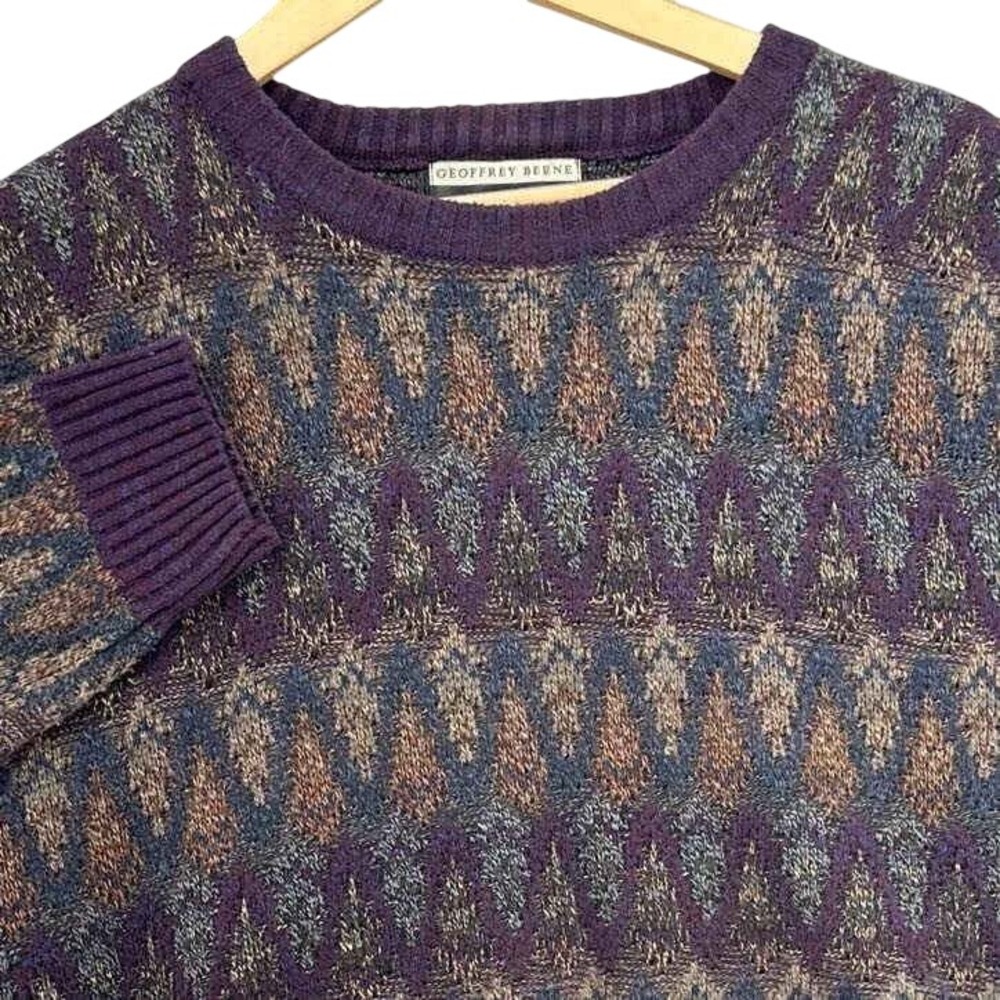 Geoffrey Beene Classics Plum Purple Geometric Zigzag Knit Crewneck Sweater SZ L